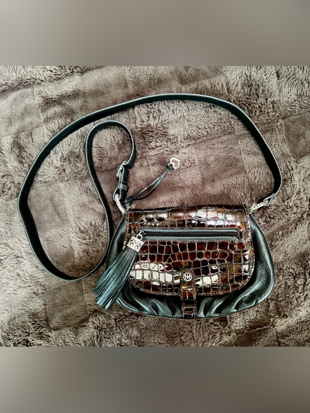 Brighton Glossy Croc-Embossed Brown Crossbody Bag with Tassel - Picture 2 of 8
